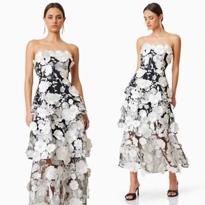 Elliatt NEW Selene Maxi Tiered Strapless 3D‎ Floral Dress In Black/White Size XS